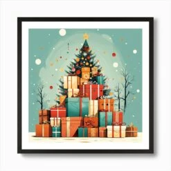 Christmas Tree With Gifts 1 Art Print -Xmas Gifts Hub m2Fgen2Fart print square framed black2F1507afba 1943 4786 b883 f845a222d22b