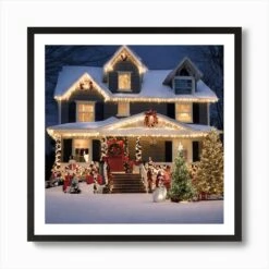 Christmas Lights On A House 4 Art Print -Xmas Gifts Hub m2Fgen2Fart print square framed black2F29c0ccce bec1 453c aac0 669418e7c652