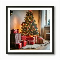 Christmas Presents Under Christmas Tree At Home Next To Fireplace (10) Art Print -Xmas Gifts Hub m2Fgen2Fart print square framed black2F2b2c31b1 8875 4e1e 9cc5 ccdedbf8b66a