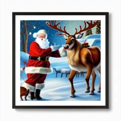 Santa And Christmas Reindeer Art Print -Xmas Gifts Hub m2Fgen2Fart print square framed black2F2cbb9712 b415 461a 822f 30cd35723ca8