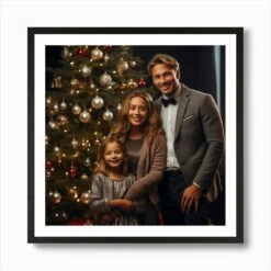 A Happy Family Standing Next To The Decorated Christmas Tree 7 Art Print -Xmas Gifts Hub m2Fgen2Fart print square framed black2F4c355f16 77fc 4885 adea 17edc4961a49