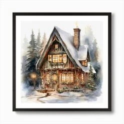 Christmas House In The Woods 7 Art Print -Xmas Gifts Hub m2Fgen2Fart print square framed black2F4c3d2bb1 c6fa 4f15 84d1 955295494234