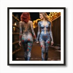Two Attractive Women With Tatoos Wearing Body Painting Go For A Walk In The Christmas Eve 2 Art Print -Xmas Gifts Hub m2Fgen2Fart print square framed black2F770049a9 4af8 44bc a2ed 20b65e0080c7