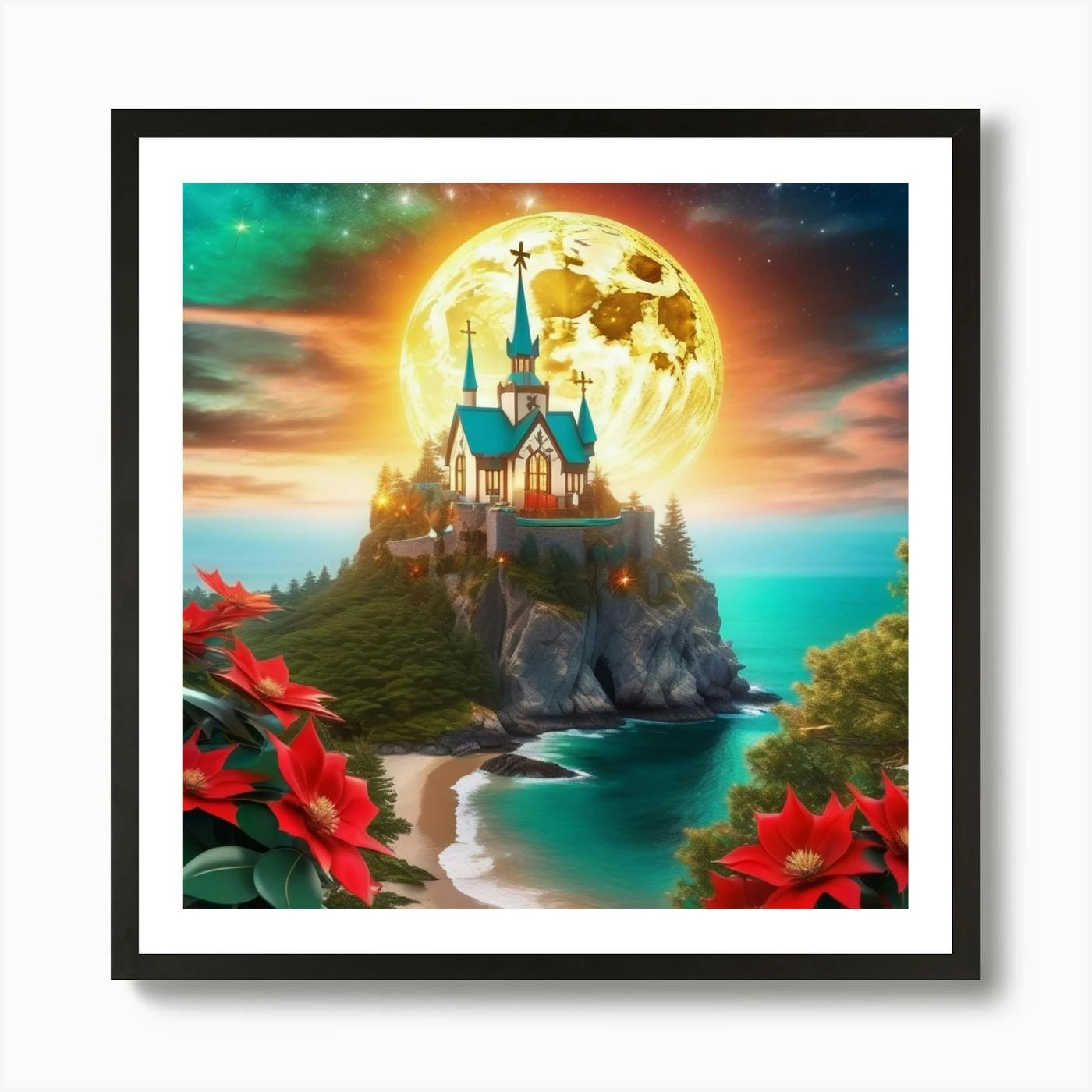 Christmas Castle With Poinsettias Art Print 5 Christmas Castle With Poinsettias Art Print - Image 3
