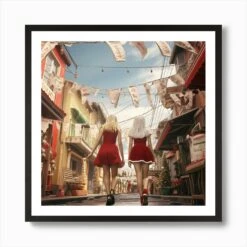 Two Girls In Elegant Dresses Walking On A Street With Hanging Laundry On Christmas Day 1 Art Print -Xmas Gifts Hub m2Fgen2Fart print square framed black2Fc84c6f81 4800 4552 9782 1dd56feb1948
