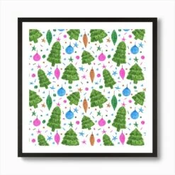 Christmas Trees And Bulbs Pink Blue Green Art Print -Xmas Gifts Hub m2Fgen2Fart print square framed black2Fcdb5ef90 ec8e 410f a7f3 9d476d99b2c3