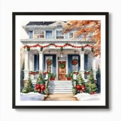 Christmas House Painting Art Print -Xmas Gifts Hub m2Fgen2Fart print square framed black2Fe1f40402 3cba 4770 8678 d70902eca750