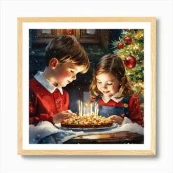 Children Celebrating Christmas Art Print -Xmas Gifts Hub m2Fgen2Fart print square framed oak2F077a4d3c b454 4391 9f35 fffa3844ce84