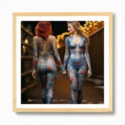 Two Attractive Women With Tatoos Wearing Body Painting Go For A Walk In The Christmas Eve 2 Art Print -Xmas Gifts Hub m2Fgen2Fart print square framed oak2F11fc0ac2 4452 4c47 934c ff5a5410bf83