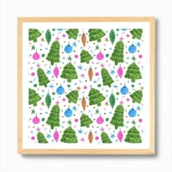 Christmas Trees And Bulbs Pink Blue Green Art Print -Xmas Gifts Hub m2Fgen2Fart print square framed oak2F12b0d2d7 a50a 43f9 bd7f 4951b7b6acbe