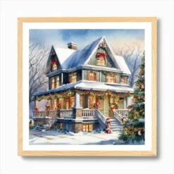 Christmas House 179 Art Print -Xmas Gifts Hub m2Fgen2Fart print square framed oak2F2b70dd5e 86ed 4653 87b2 1f228ec7b7dd