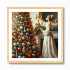 Lady Decorating A Christmas Tree Art Print -Xmas Gifts Hub m2Fgen2Fart print square framed oak2F44818023 168f 4ce7 81f6 010e74583934