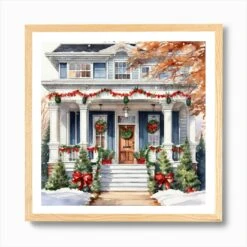 Christmas House Painting Art Print -Xmas Gifts Hub m2Fgen2Fart print square framed oak2F45aaa9ed 9e2f 47e4 938f 03df6b0155a1