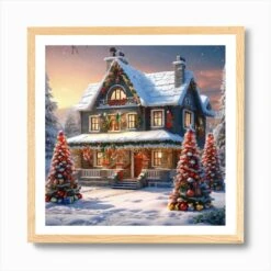 Christmas House 168 Art Print -Xmas Gifts Hub m2Fgen2Fart print square framed oak2F46aed3d0 8d15 46f0 b51f dc63840d552e