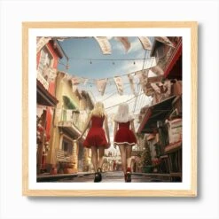 Two Girls In Elegant Dresses Walking On A Street With Hanging Laundry On Christmas Day 1 Art Print -Xmas Gifts Hub m2Fgen2Fart print square framed oak2F523651ca 9198 40fd a9e9 47103c3bf60a