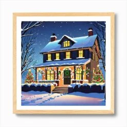 Christmas House 28 Art Print -Xmas Gifts Hub m2Fgen2Fart print square framed oak2F54d6ae36 d8b1 4659 9ada e3e0bf837429