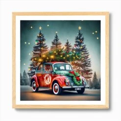 Christmas Car Art Print -Xmas Gifts Hub m2Fgen2Fart print square framed oak2F75410fa4 3bfa 4f83 a1ed dcb47691fe87