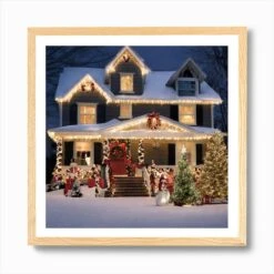 Christmas Lights On A House 4 Art Print -Xmas Gifts Hub m2Fgen2Fart print square framed oak2F7b957b35 f41a 4a8f 938f 44cf42c4e35f