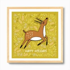 Christmas Deer Yellow Square Illustrated Art Print -Xmas Gifts Hub m2Fgen2Fart print square framed oak2F825a69de 741e 446d 856c 87b502d8f40a