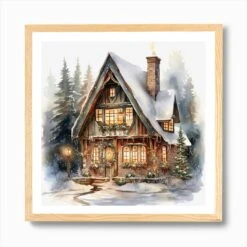 Christmas House In The Woods 7 Art Print -Xmas Gifts Hub m2Fgen2Fart print square framed oak2F9bd85e75 8a71 403e a619 a44c6b519091