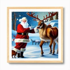 Santa And Christmas Reindeer Art Print -Xmas Gifts Hub m2Fgen2Fart print square framed oak2Fc0f47c03 a31e 4c6a 9a59 ff9af3cca1a9