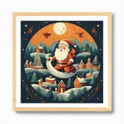 Santa Claus Flying Christmas Art Print -Xmas Gifts Hub m2Fgen2Fart print square framed oak2Fd8874f30 3820 46fd 8343 d023e6412601