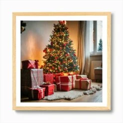 Christmas Presents Under Christmas Tree At Home Next To Fireplace (10) Art Print -Xmas Gifts Hub m2Fgen2Fart print square framed oak2Fed67ece5 5631 49e6 a2e9 065b8a0c68b3