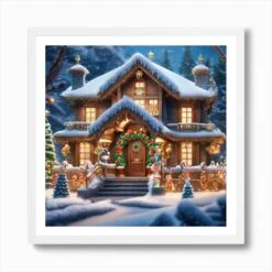 Christmas House 111 Art Print -Xmas Gifts Hub m2Fgen2Fart print square framed white2F03e0897f 2ee0 433f 88a4 19441915003e