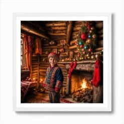 Christmas In The Cabin Art Print -Xmas Gifts Hub m2Fgen2Fart print square framed white2F0eb92fe5 5d73 44af 8a79 786d21d2e4b5