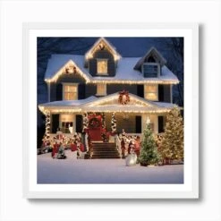 Christmas Lights On A House 4 Art Print -Xmas Gifts Hub m2Fgen2Fart print square framed white2F186c143c 73d1 4ab4 89b9 91c6e7d497cf