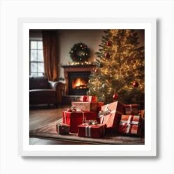 Christmas Presents Under Christmas Tree At Home Next To Fireplace Haze Ultra Detailed Film Photog (9) Art Print -Xmas Gifts Hub m2Fgen2Fart print square framed white2F2c44911c f7d3 4338 a02a 5f522146398f