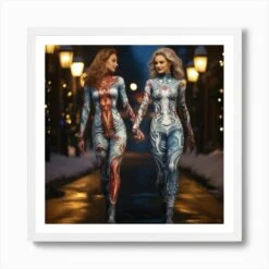 Two Beautiful Women Wearing Body Painting Walking In The Christmas Eve 3 Art Print -Xmas Gifts Hub m2Fgen2Fart print square framed white2F3c80a642 81d0 46cc b469 658510adf802