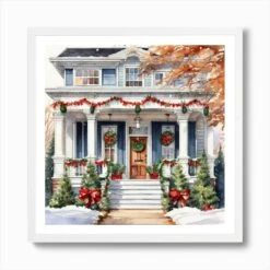 Christmas House Painting Art Print -Xmas Gifts Hub m2Fgen2Fart print square framed white2F44938d43 93d6 443a a64f a1f6efdef86a