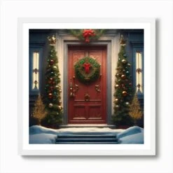 Christmas Door 101 Art Print -Xmas Gifts Hub m2Fgen2Fart print square framed white2F573f18c5 f4ad 45e2 b19d 453edbd55951