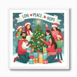 Christmas Family With Gifts Art Print -Xmas Gifts Hub m2Fgen2Fart print square framed white2F65ca075a 642c 4288 bfa0 d5486fc68976