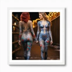 Two Attractive Women With Tatoos Wearing Body Painting Go For A Walk In The Christmas Eve 2 Art Print -Xmas Gifts Hub m2Fgen2Fart print square framed white2F67aaf0bd f887 4a09 9bae 8063a1a89960
