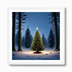 Christmas Tree In The Snow 6 Art Print -Xmas Gifts Hub m2Fgen2Fart print square framed white2F6bf3d198 a054 45e2 bcc3 f598b643327d