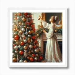 Lady Decorating A Christmas Tree Art Print -Xmas Gifts Hub m2Fgen2Fart print square framed white2F75693230 0a2c 4440 b481 6165ac89bf42