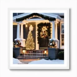 Christmas Front Porch Art Print -Xmas Gifts Hub m2Fgen2Fart print square framed white2F82d72d50 4bfe 4ef3 95ff 68cc51657ba1