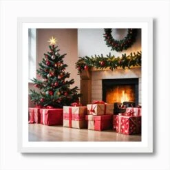 Christmas Presents In Front Of Fireplace 9 Art Print -Xmas Gifts Hub m2Fgen2Fart print square framed white2F85bccc73 1b00 435f a1ce ec24ccb9eafe