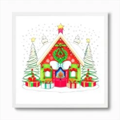 Christmas House Art Print -Xmas Gifts Hub m2Fgen2Fart print square framed white2F8d1a9ef4 de85 4ae5 a7f4 a5895319a396