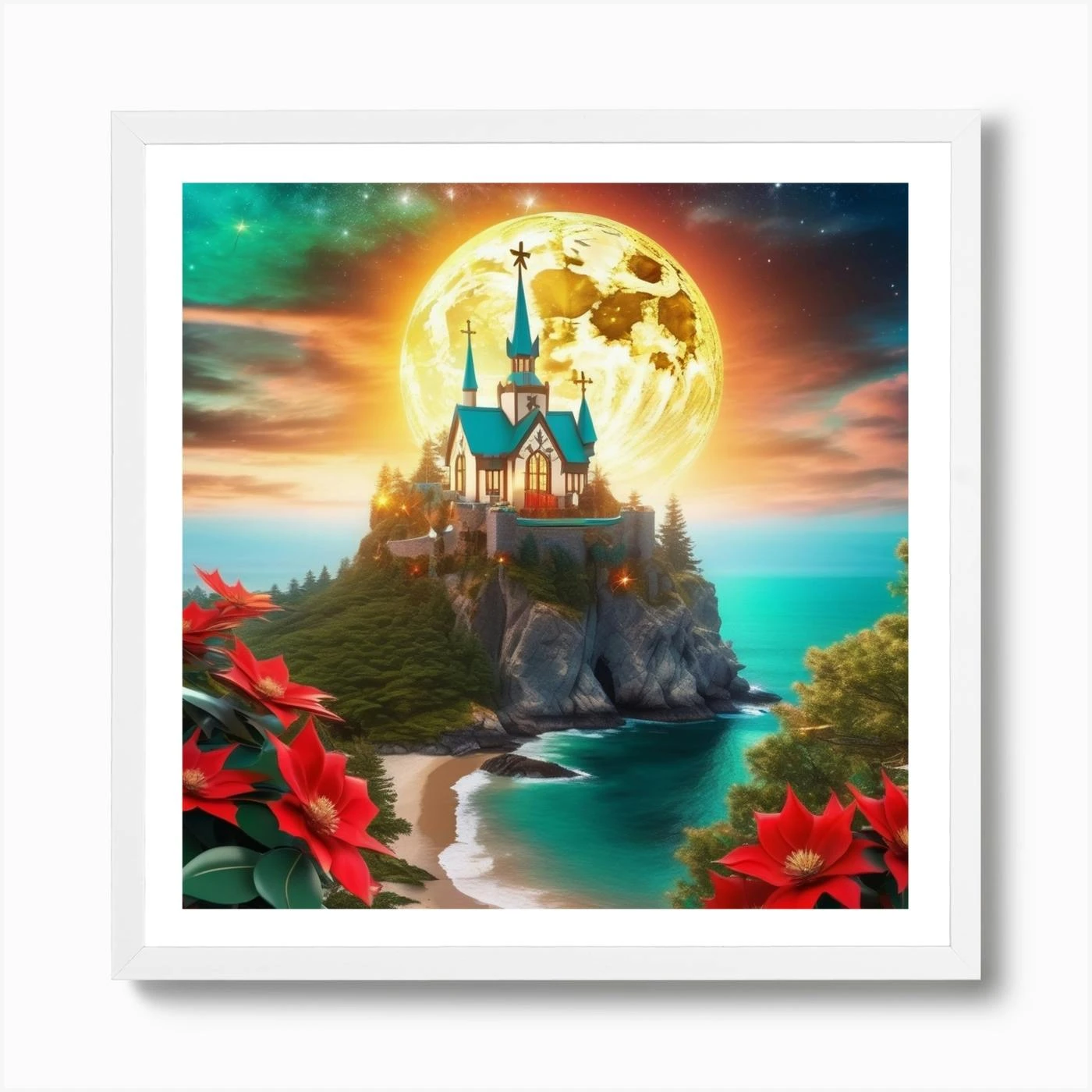 Christmas Castle With Poinsettias Art Print 6 Christmas Castle With Poinsettias Art Print - Image 4