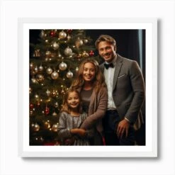 A Happy Family Standing Next To The Decorated Christmas Tree 7 Art Print -Xmas Gifts Hub m2Fgen2Fart print square framed white2Fae3245af d2e4 45ef 9d2b e58b681d5fb6