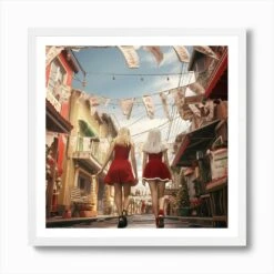 Two Girls In Elegant Dresses Walking On A Street With Hanging Laundry On Christmas Day 1 Art Print -Xmas Gifts Hub m2Fgen2Fart print square framed white2Fafd67359 e1b4 46e8 aec0 018a1f3aae36