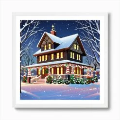 Christmas House 26 Art Print -Xmas Gifts Hub m2Fgen2Fart print square framed white2Fb4bc0c05 1a5a 4a1e 8b46 186fb31a90a5