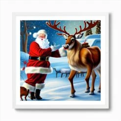 Santa And Christmas Reindeer Art Print -Xmas Gifts Hub m2Fgen2Fart print square framed white2Fc075b2b5 cd5c 47d7 a756 40707f0f56e5