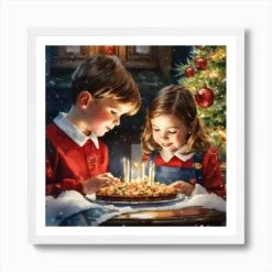 Children Celebrating Christmas Art Print -Xmas Gifts Hub m2Fgen2Fart print square framed white2Fc3276feb fde7 4603 941b 2a9506892210