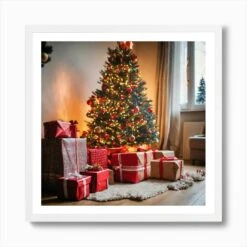 Christmas Presents Under Christmas Tree At Home Next To Fireplace (10) Art Print -Xmas Gifts Hub m2Fgen2Fart print square framed white2Fca76cb9a 813f 46dc 87ea 8a7815a4e488