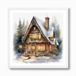 Christmas House In The Woods 7 Art Print -Xmas Gifts Hub m2Fgen2Fart print square framed white2Fcdf9e8a8 6d98 45d0 b8c8 b64000b8a97c