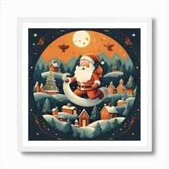 Santa Claus Flying Christmas Art Print -Xmas Gifts Hub m2Fgen2Fart print square framed white2Fdaed1182 9a37 4905 8d73 3c26f4291160
